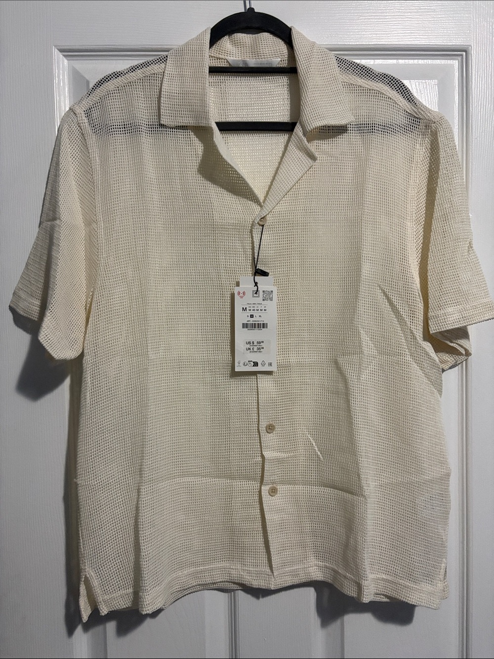 Zara Cream Mesh Short-Sleeve Button-Down Shirt